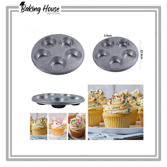 5 Cavity Round Stainless Steel Cupcake Silver Tray